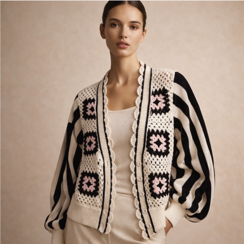 Anne Fontaine Black and Cream Crochet Cardigan Black White Pink Knit Size M